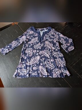 Talbots Petite Medium Women's Paisley Split-Neck 3/4 Sleeve Tunic Resort Chic